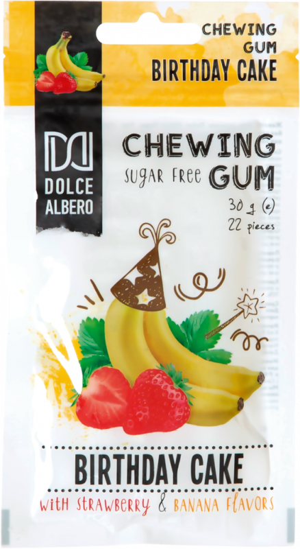 Жевательная резинка DOLCE ALBERO Сюрприз для именинника со вкусом клубники и банана, без сахара, 30г Жевательная резинка DOLCE ALBERO Сюрприз для именинника со вкусом клубники и банана, без сахара, 30г