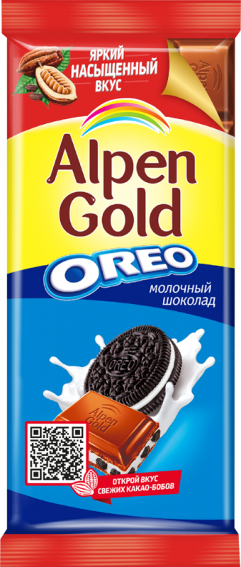 Шоколад молочный ALPEN GOLD Oreo с ванильной начинкой и кусочками печенья, 95г