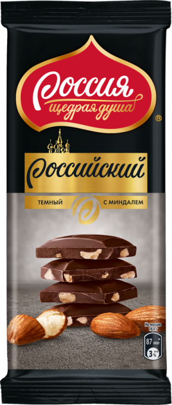 Шоколад темный РОССИЯ ЩЕДРАЯ ДУША с миндалем, 82г