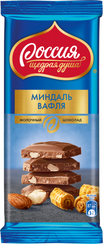 Шоколад молочный РОССИЯ ЩЕДРАЯ ДУША с миндалем и вафлей, 82г Шоколад молочный РОССИЯ ЩЕДРАЯ ДУША с миндалем и вафлей, 82г