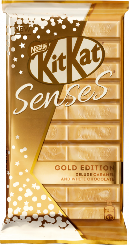 Шоколад белый KITKAT Senses Gold Edition Deluxe caramel с хрустящей вафлей, 112г Шоколад белый KITKAT Senses Gold Edition Deluxe caramel с хрустящей вафлей, 112г