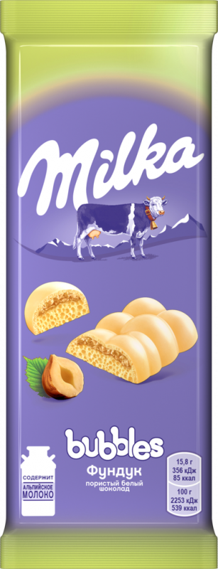 Шоколад белый MILKA Bubbles пористый c дробленым орехом, 79г Шоколад белый MILKA Bubbles пористый c дробленым орехом, 79г