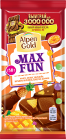 Шоколад молочный ALPEN GOLD Max Fun c фруктовыми кусочками со вкусом манго, ананаса, маракуйи, с шипучими рисовыми шариками и взрывной карамелью, 150г