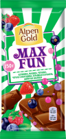 Шоколад молочный ALPEN GOLD Max Fun c фруктово-ягодными кусочками со вкусом клубники, малины, черники, черной смородины, взрывной кармели, шипучих шариков, 150г