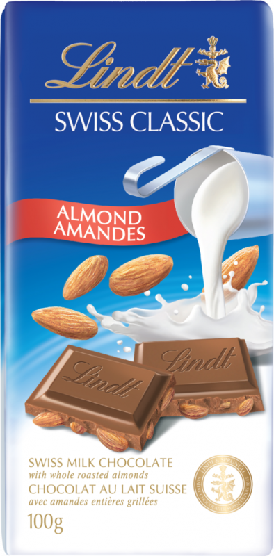 Шоколад молочный LINDT с цельным миндалем, 100г