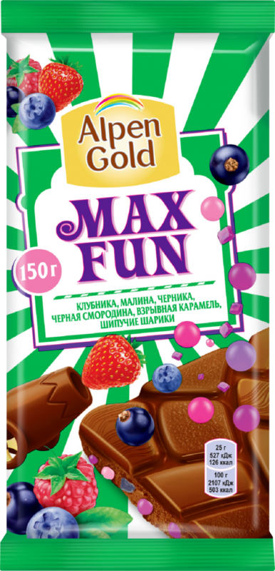 Шоколад молочный ALPEN GOLD Max Fun c фруктово-ягодными кусочками со вкусом клубники, малины, черники, черной смородины, взрывной кармели, шипучих шариков, 150г