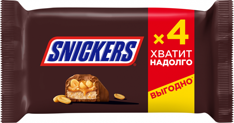 Батончик шоколадный SNICKERS с жареным арахисом, карамелью и нугой, 4х40г Батончик шоколадный SNICKERS с жареным арахисом, карамелью и нугой, 4х40г