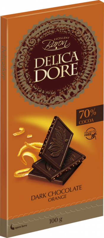 Шоколад Delicadore 70% какао с апельсиновыми цукатами, 100г Шоколад Delicadore 70% какао с апельсиновыми цукатами, 100г