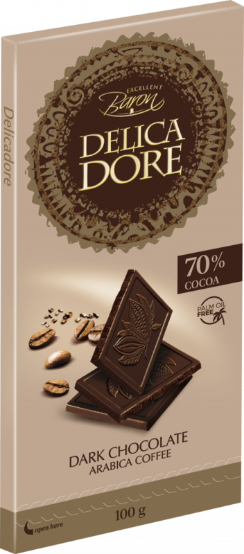 Шоколад Delicadore 70% какао с кусочками кофейных зерен, 100г Шоколад Delicadore 70% какао с кусочками кофейных зерен, 100г