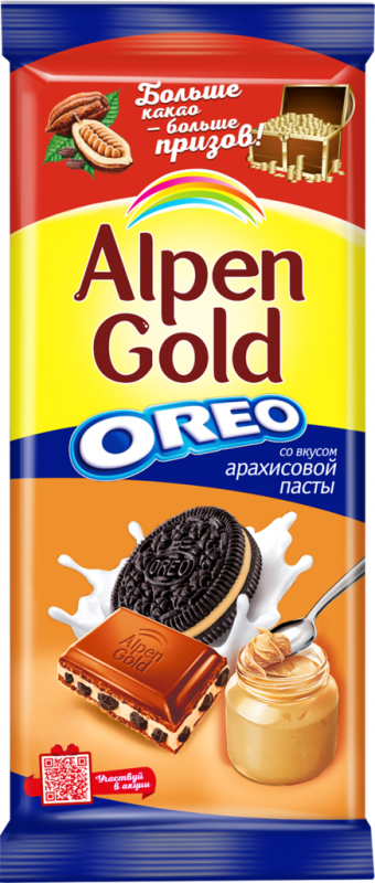 Шоколад молочный ALPEN GOLD Орео с начинкой со вкусом арахисовой пасты и кусочками печенья, 90г Шоколад молочный ALPEN GOLD Орео с начинкой со вкусом арахисовой пасты и кусочками печенья, 90г