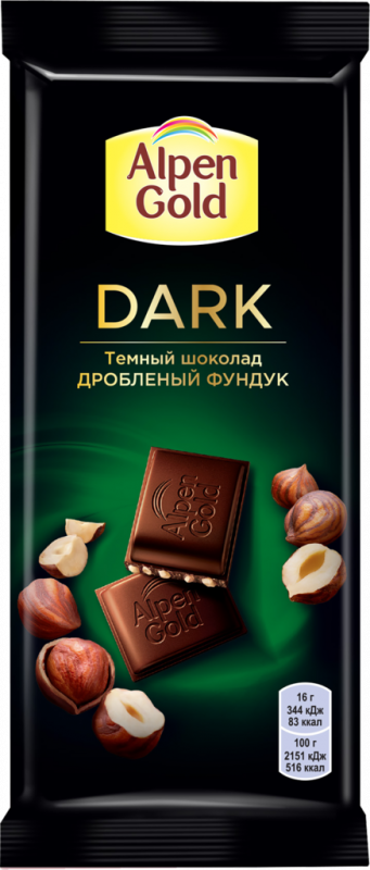 Шоколад темный ALPEN GOLD Dark с дробленым фундуком, 80г Шоколад темный ALPEN GOLD Dark с дробленым фундуком, 80г