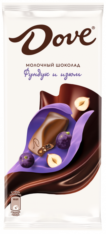 Шоколад молочный DOVE с изюмом и дробленым фундуком, 90г Шоколад молочный DOVE с изюмом и дробленым фундуком, 90г