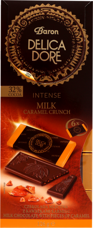 Шоколад молочный DELICADORE Intense с кусочками карамели, 126г Шоколад молочный DELICADORE Intense с кусочками карамели, 126г