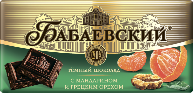 Шоколад темный БАБАЕВСКИЙ с мандарином и грецким орехом, 100г Шоколад темный БАБАЕВСКИЙ с мандарином и грецким орехом, 100г