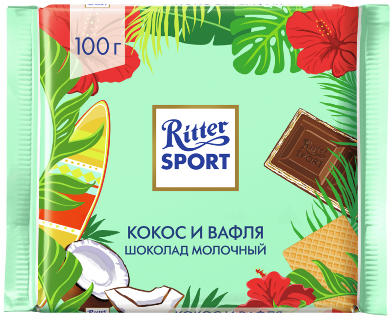 Шоколад RITTER SPORT Молочный с начинкой из кокосового крема и вафлей, 100г