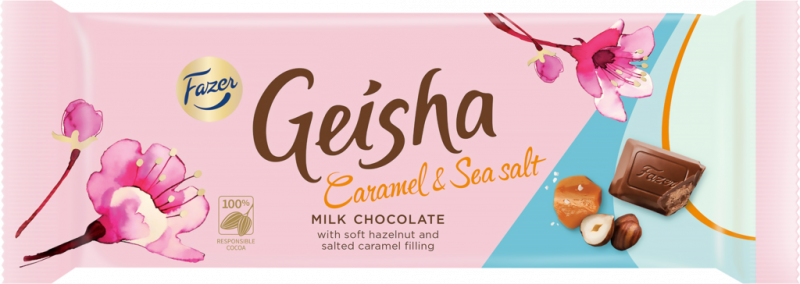 Шоколад молочный FAZER Geisha с начинкой из тертого ореха со вкусом ириса и с морской солью, 100г Шоколад молочный FAZER Geisha с начинкой из тертого ореха со вкусом ириса и с морской солью, 100г