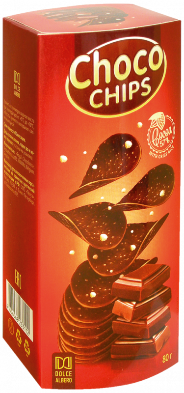 Чипсы из темного шоколада DOLCE ALBERO с хрустящим рисом, 80г
