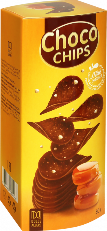 Чипсы из молочного шоколада DOLCE ALBERO с хрустящим рисом, карамелью и морской солью, 80г Чипсы из молочного шоколада DOLCE ALBERO с хрустящим рисом, карамелью и морской солью, 80г