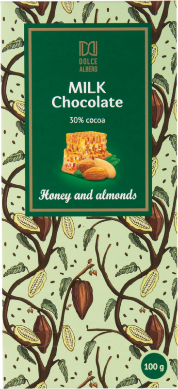 Шоколад молочный DOLCE ALBERO с медом и миндалем, 100г Шоколад молочный DOLCE ALBERO с медом и миндалем, 100г
