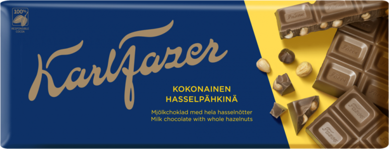 Шоколад молочный FAZER Karl Fazer с цельным фундуком, 200г