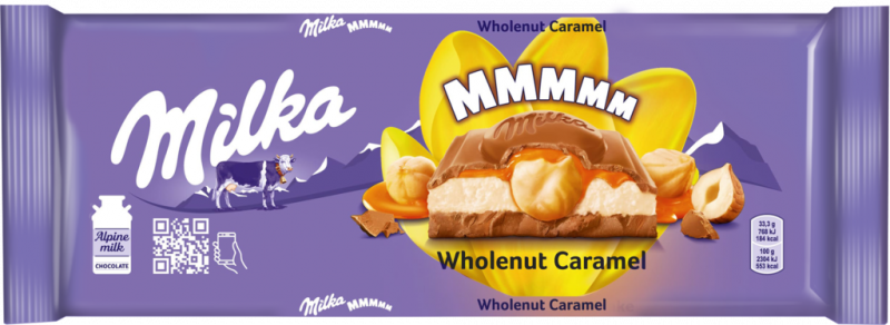 Шоколад молочный MILKA Wholenut Caramel с карамелью и обжаренным цельным фундуком, 300г
