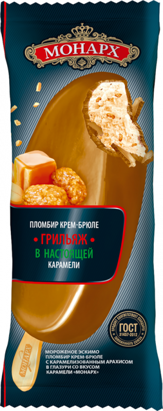 Мороженое МОНАРХ Грильяж, пломбир крем-брюле с карамелизированным арахисом в карамельной глазури 12%, без змж, эскимо, 90г