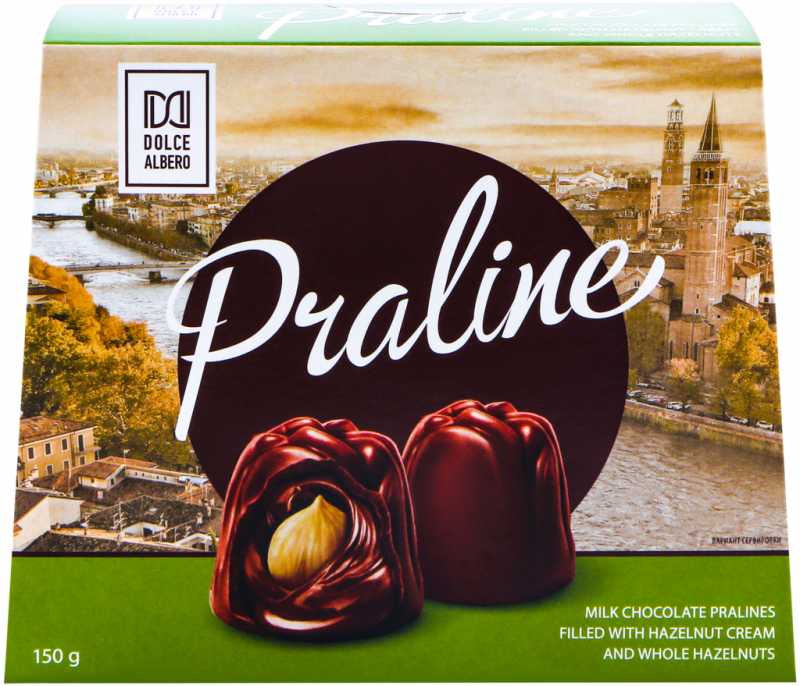 Конфеты DOLCE ALBERO из молочного шоколада с ореховым кремом и фундуком, 150г Конфеты DOLCE ALBERO из молочного шоколада с ореховым кремом и фундуком, 150г