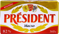 Масло кислосливочное PRESIDENT несоленое 82% высший сорт, без змж, 360г