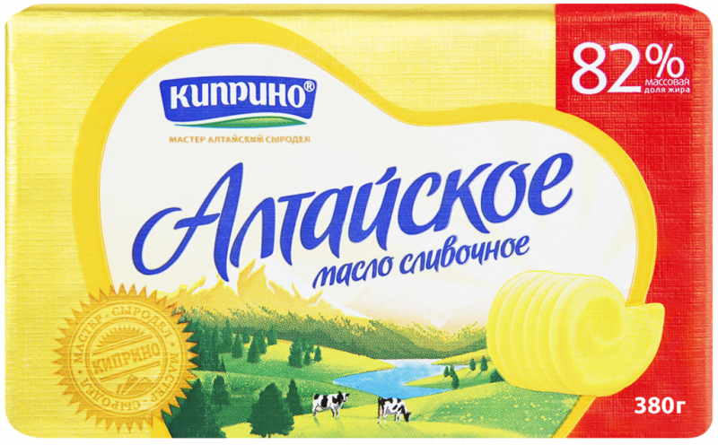 Масло сливочное КИПРИНО Алтайское 82%, без змж, 380г Масло сливочное КИПРИНО Алтайское 82%, без змж, 380г