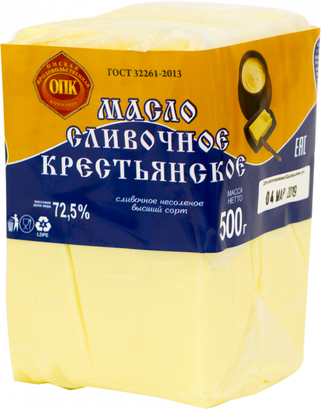 Масло сливочное ОПК Крестьянское несоленое 72,5% высший сорт, без змж, 500г Масло сливочное ОПК Крестьянское несоленое 72,5% высший сорт, без змж, 500г