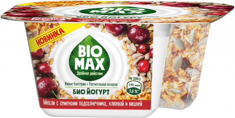 Биойогурт BIO MAX Мюсли, вишня, клюква 2,9%, без змж, 106г
