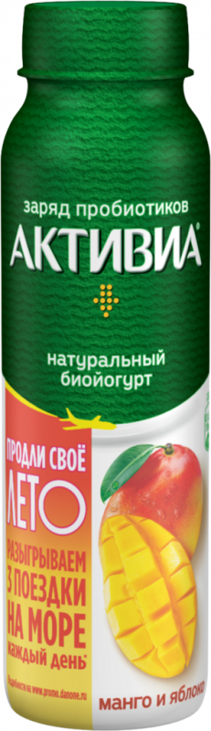 Биойогурт питьевой АКТИВИА Манго, яблоко 2%, без змж, 260г