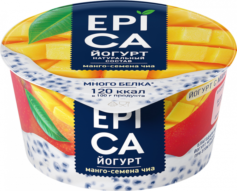 Йогурт EPICA с манго и семенами чиа 5%, без змж, 130г Йогурт EPICA с манго и семенами чиа 5%, без змж, 130г