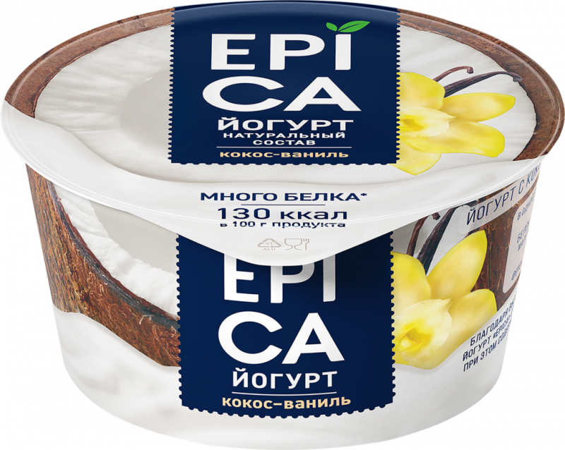 Йогурт EPICA с кокосом и ванилью 6,3%, без змж, 130г Йогурт EPICA с кокосом и ванилью 6,3%, без змж, 130г