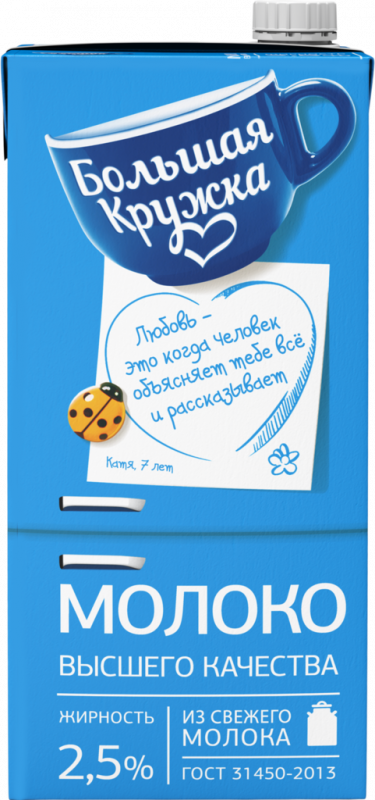 Молоко ультрапастеризованное БОЛЬШАЯ КРУЖКА 2,5%, без змж, 1980г