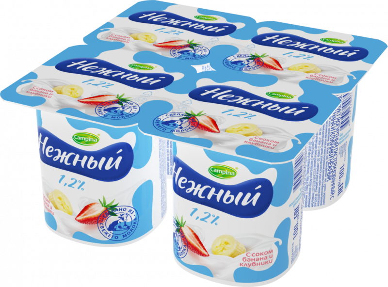 Продукт йогуртный CAMPINA Нежный с соком банана и клубники 1,2%, без змж, 100г Продукт йогуртный CAMPINA Нежный с соком банана и клубники 1,2%, без змж, 100г