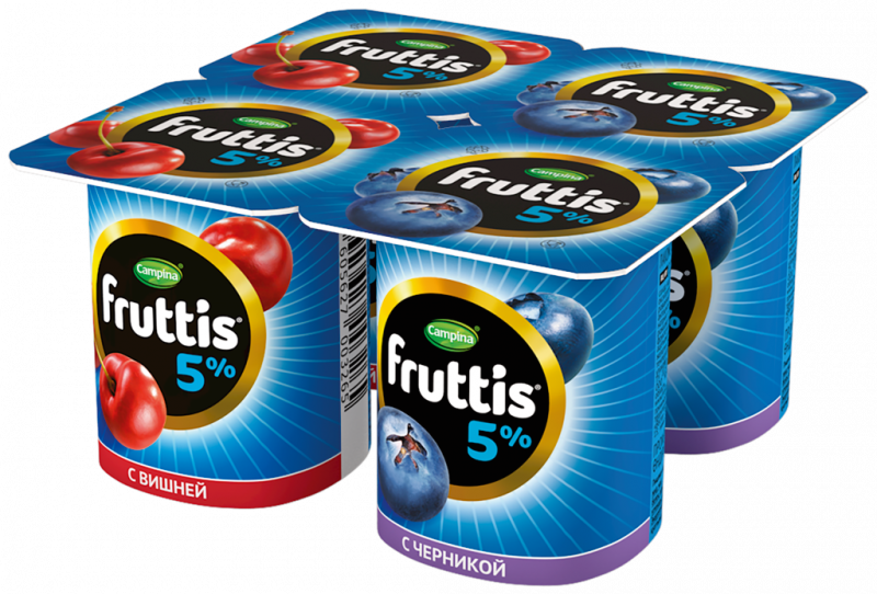 Продукт йогуртный FRUTTIS Вишня/Черника 5%, без змж, 4x115г Продукт йогуртный FRUTTIS Вишня/Черника 5%, без змж, 4x115г