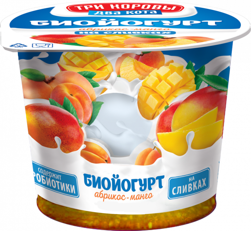 Биойогурт ТРИ КОРОВЫ ДВА КОТА с плодово-ягодным наполнителем Абрикос, манго 6%, без змж, 125г