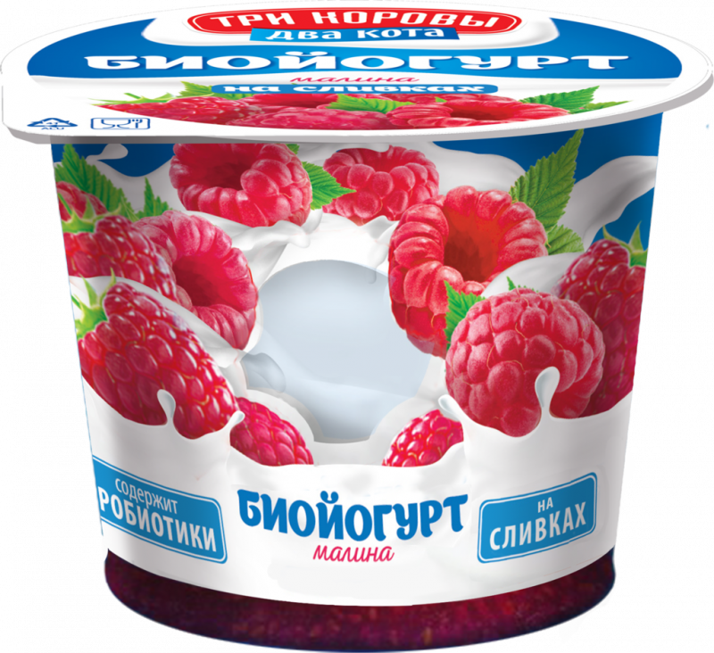 Биойогурт ТРИ КОРОВЫ ДВА КОТА с плодово-ягодным наполнителем Малина 6%, без змж, 125г Биойогурт ТРИ КОРОВЫ ДВА КОТА с плодово-ягодным наполнителем Малина 6%, без змж, 125г