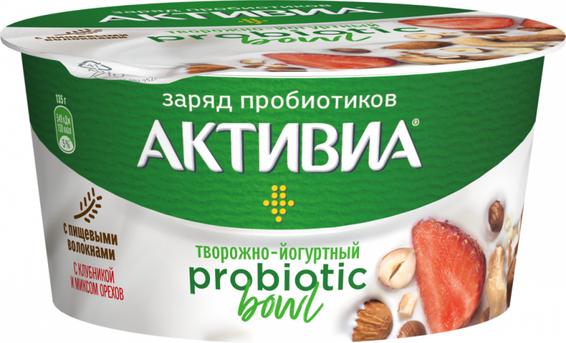Биопродукт творожно-йогуртный АКТИВИА Клубника, микс орехов 3,5%, без змж, 135г Биопродукт творожно-йогуртный АКТИВИА Клубника, микс орехов 3,5%, без змж, 135г