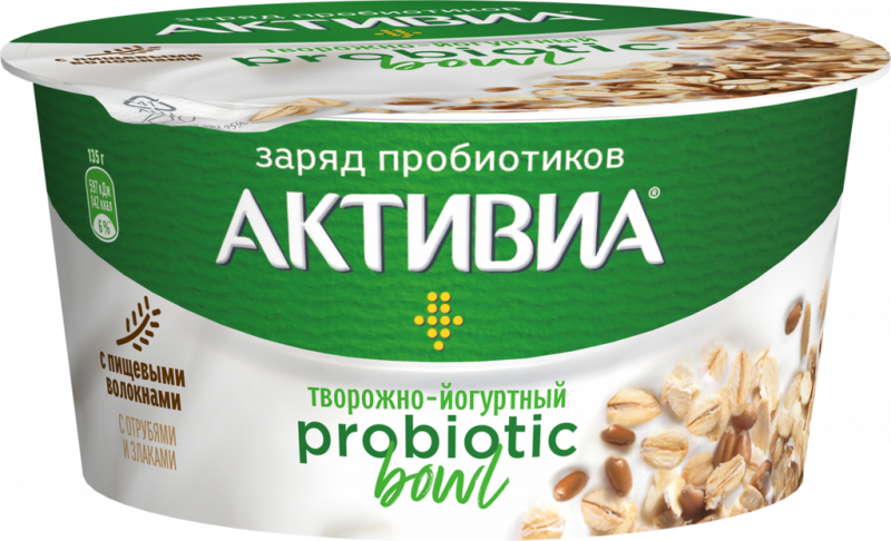 Биопродукт творожно-йогуртный АКТИВИА Отруби, злаки 3,5%, без змж, 135г Биопродукт творожно-йогуртный АКТИВИА Отруби, злаки 3,5%, без змж, 135г