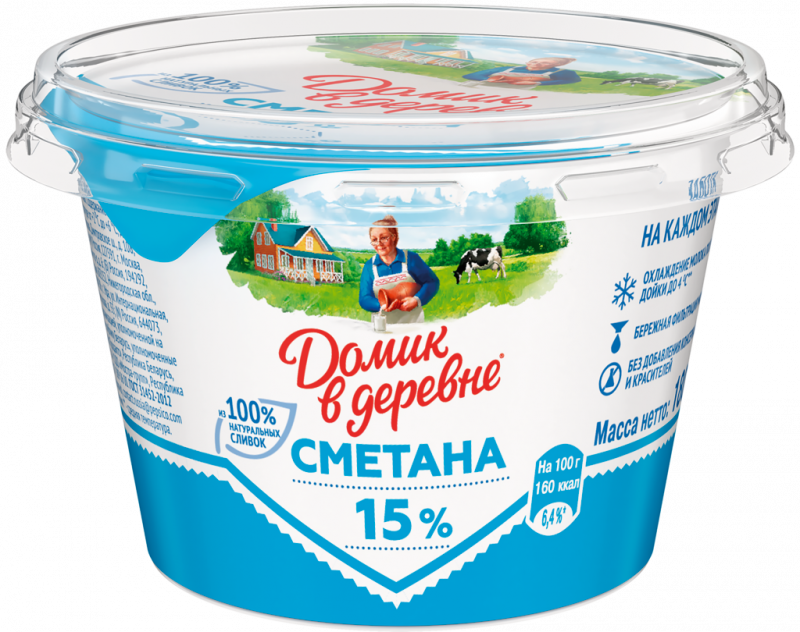 Сметана ДОМИК В ДЕРЕВНЕ 15%, без змж, 180г Сметана ДОМИК В ДЕРЕВНЕ 15%, без змж, 180г