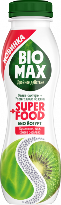 Биойогурт питьевой BIO MAX Super food киви, крыжовник, базилик 1,5%, без змж, 270г Биойогурт питьевой BIO MAX Super food киви, крыжовник, базилик 1,5%, без змж, 270г