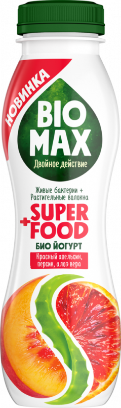 Биойогурт питьевой BIO MAX Super food красный апельсин, персик, алоэ 1,5%, без змж, 270г Биойогурт питьевой BIO MAX Super food красный апельсин, персик, алоэ 1,5%, без змж, 270г