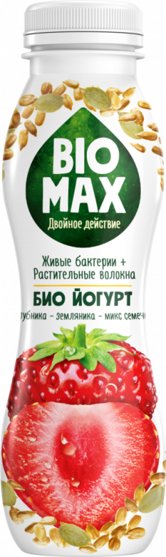 Биойогурт BIO MAX Клубника, земляника, микс семечек 1,9%, без змж, 270г Биойогурт BIO MAX Клубника, земляника, микс семечек 1,9%, без змж, 270г
