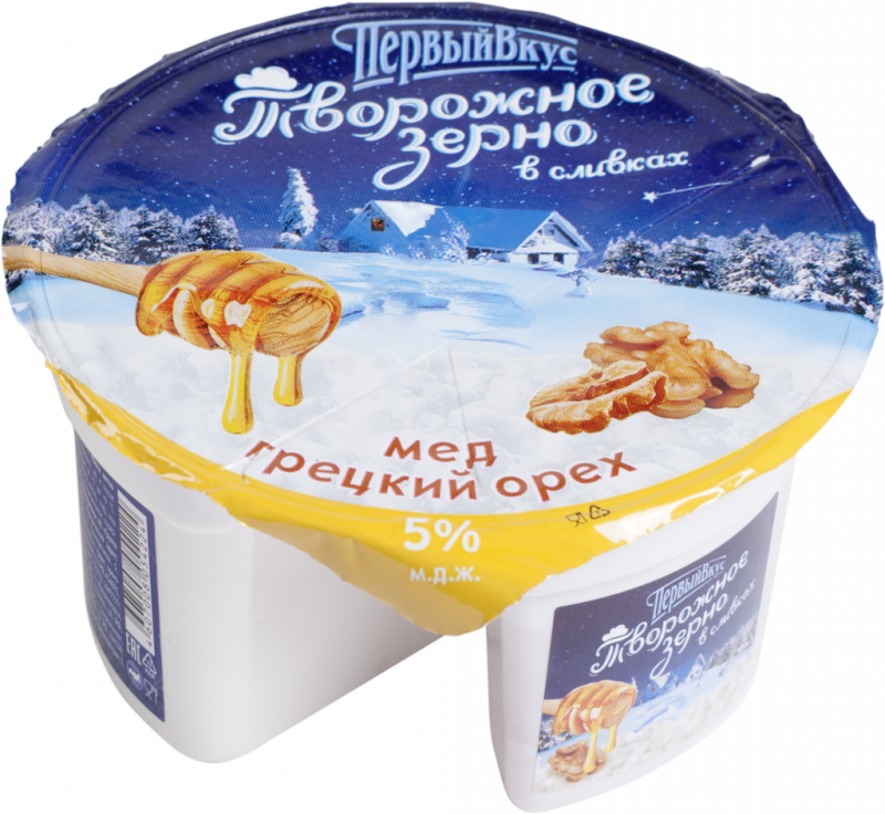 Творожное зерно ПЕРВЫЙ ВКУС в сливках с медом и грецкими орехами 5%, без змж, 150г Творожное зерно ПЕРВЫЙ ВКУС в сливках с медом и грецкими орехами 5%, без змж, 150г