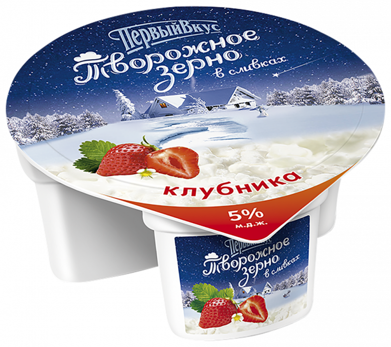Творожное зерно ПЕРВЫЙ ВКУС в сливках с клубникой 5%, без змж, 150г Творожное зерно ПЕРВЫЙ ВКУС в сливках с клубникой 5%, без змж, 150г