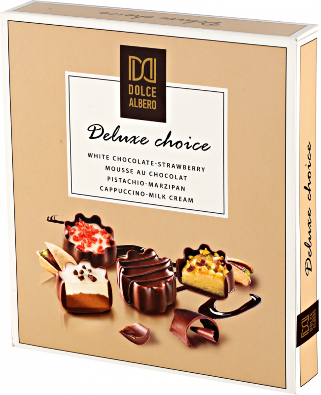 Набор конфет DOLCE ALBERO из темного, белого шоколада со вкусом клубники, шоколадного мусса, марципана и фисташки, капучино., 160г Набор конфет DOLCE ALBERO из темного, белого шоколада со вкусом клубники, шоколадного мусса, марципана и фисташки, капучино., 160г