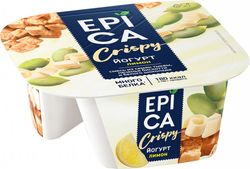 Йогурт EPICA Crispy Лимон, семена тыквы, печенье, белый шоколад 8,6%, без змж, 140г