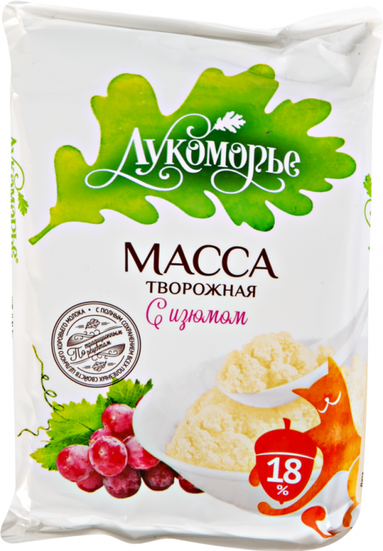 Масса творожная ЛУКОМОРЬЕ с изюмом 18%, без змж, 180г
